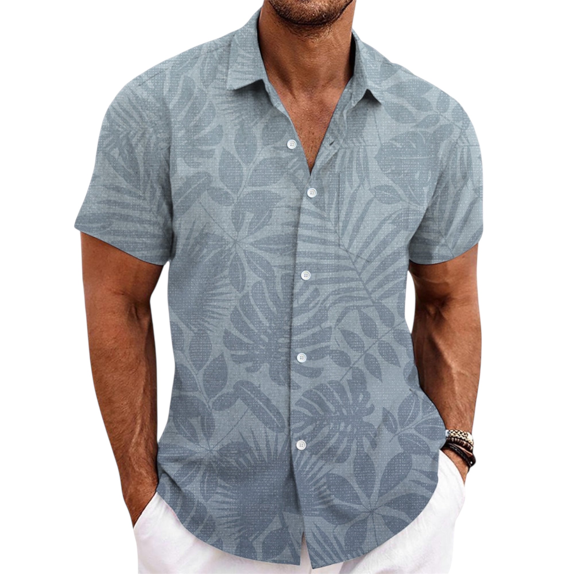 Men's Fashionable Casual Shirt Solid Color Short Sleeve Cardigan Shirt Bamboo Linen Polyester Men's Casual Shirt