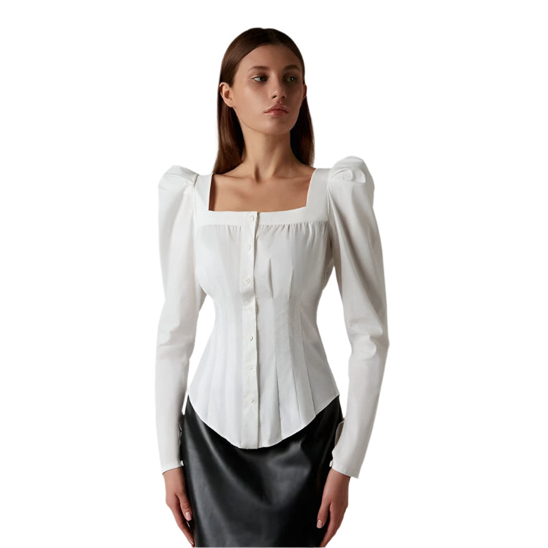 Women's Fashionable Casual Puff sleeve single breasted Long Sleeve Square Collar Stylish Dress Fashion Women's Shirt
