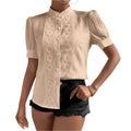 Modieuze kanten patchwork dames top met opstaande kraag, casual split en lantaarnmouwen voor damesjurk