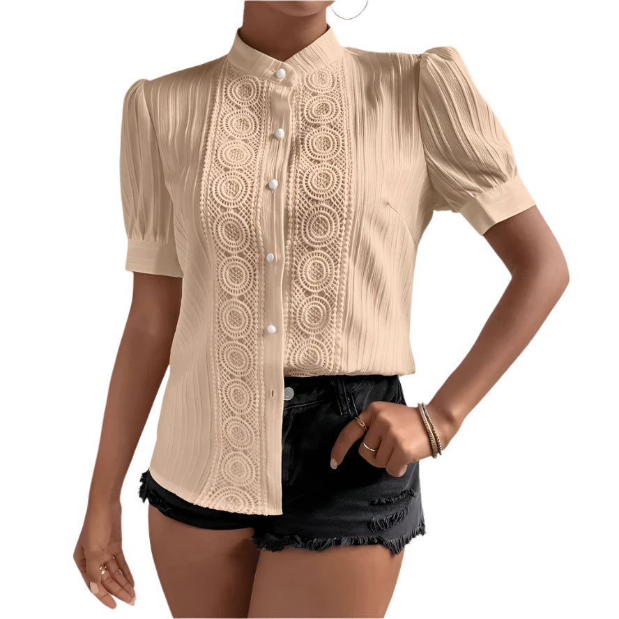 Europese en Amerikaanse kant patchwork top met opstaande kraag voor dames