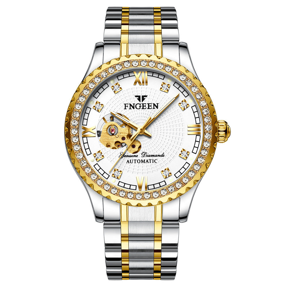 FNGEEN Explosion Automatic Double Sided Hollow Luminous Stainless Steel Strap Diamond Inlaid Men Mechanical Watch