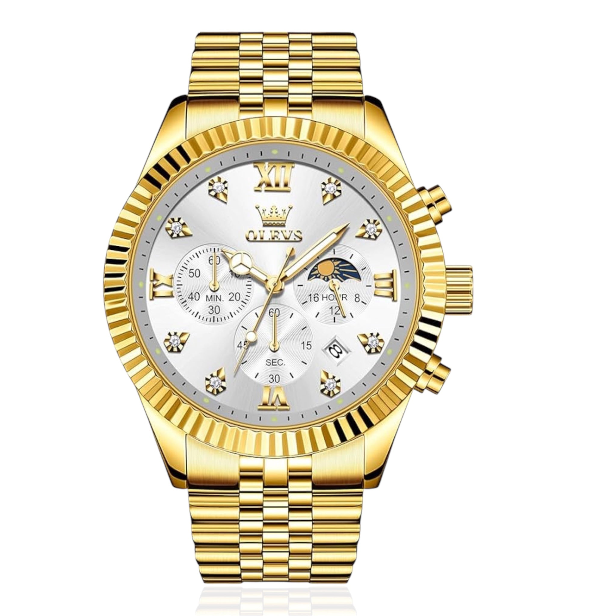 OLEVS Original Men Quartz Watch Chronograph Gold Stainless Steel Moon Phase Luxury Men's Watch - Acquisti Online