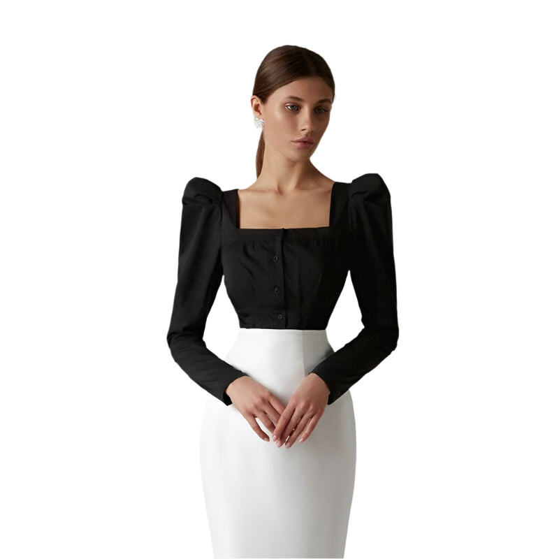 Women's Fashionable Casual Puff sleeve single breasted Long Sleeve Square Collar Stylish Dress Fashion Women's Shirt