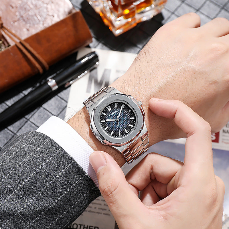 Orologio da uomo alla moda casual da lavoro, con movimento automatico al quarzo, luminoso, impermeabile, con cinturino in acciaio.