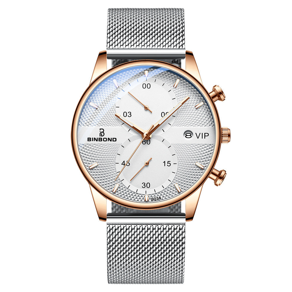 BINBOND Dames Luxe Quartz Horloge Stijlvolle Mesh Band Lichtgevende Chronograaf Minimalistisch Waterdicht Dameshorloge