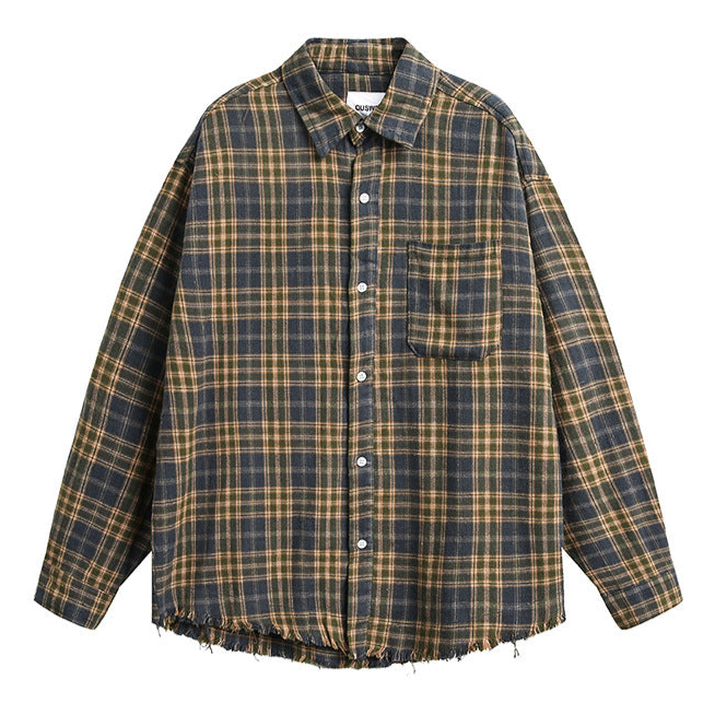 Men's Fashion Vintage Brushed Plaid Long Sleeve Shirt Plaid Flannel Padded Shirt Front Snap Buttons Men's Shirt