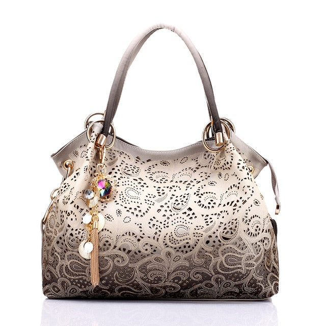 Women Handbag Hollow 0ut Ombre Handbag Floral Print Shoulder Bag Large Capacity Fashion Pu Leather Women Handbag