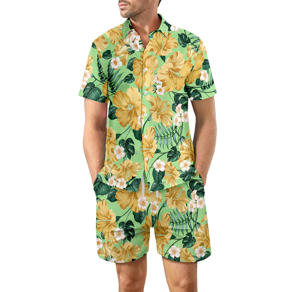 Men's Fashionable Casual Shirt 2Pcs Printed Suit Sets Loose Lapel Button Top Pure Cotton Men's Short Sleeve Shirt - Acquisti Online