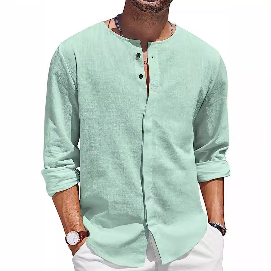 Camicia casual formale alla moda da uomo, cardigan in cotone e lino, colletto decorato con bottoni, camicia casual alla moda da uomo