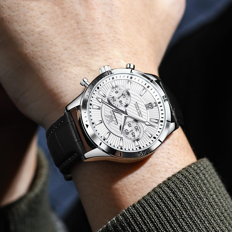 Orologio da uomo OLVES con cinturino in pelle di lusso, orologio al quarzo impermeabile con calendario luminoso da uomo