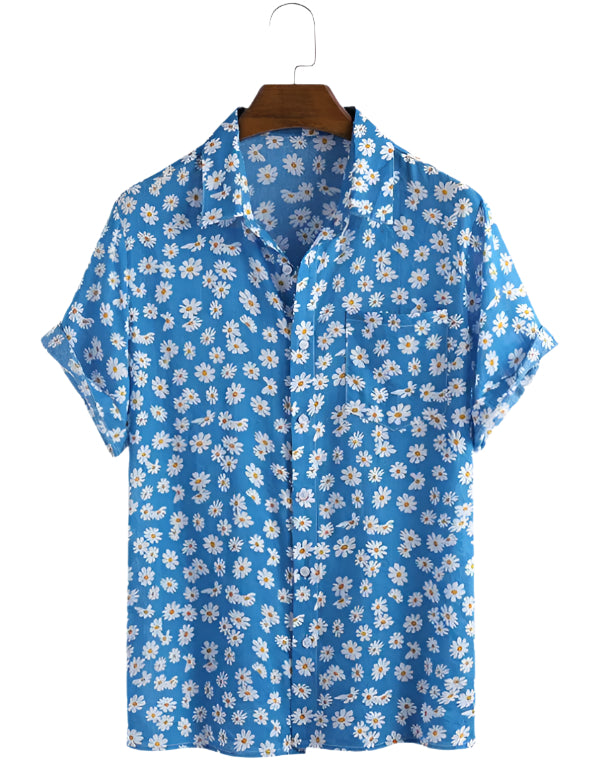 Camicia a maniche corte da uomo alla moda, camicia a maniche corte con stampa floreale, camicia casual da uomo hawaiana con stampa di piccole margherite