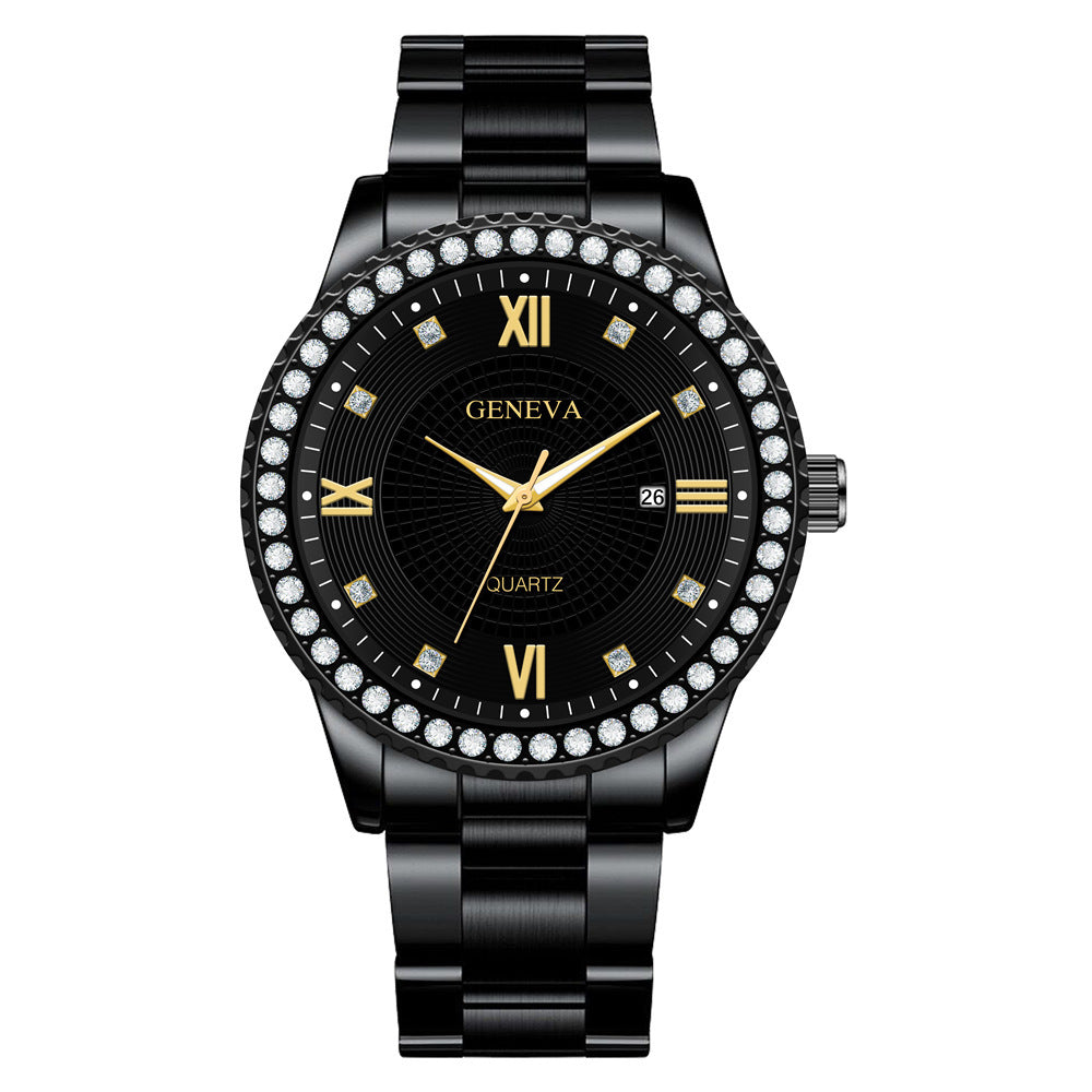 Genève Nieuwe Romeinse Schaal Heren Diamant vervaardigd Kalender Stalen Band Quartz Horloge Roestvrij Staal Heren Quartz Horloge