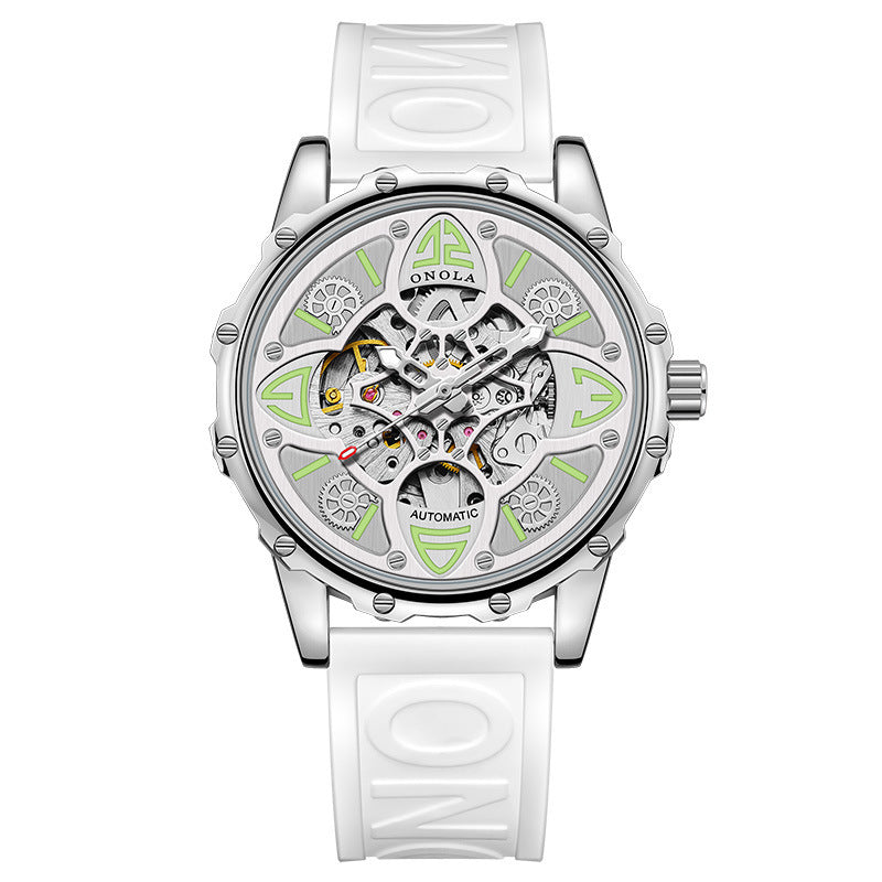 ONOLA Men Automatic Mechanical Watch Lucky Grass Luxury Hollow Out Dial Waterproof Silicone Band Mechanical Watch