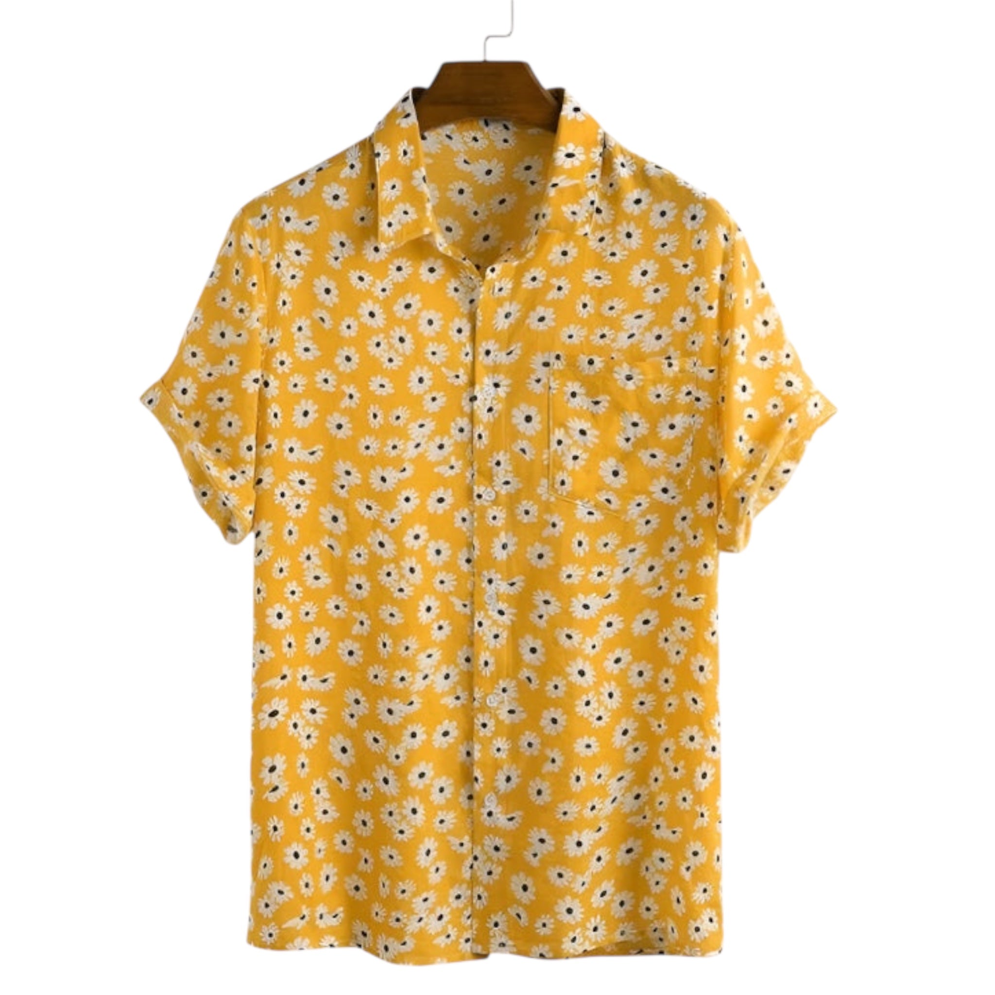 Camicia a maniche corte da uomo alla moda, camicia a maniche corte con stampa floreale, camicia casual da uomo hawaiana con stampa di piccole margherite