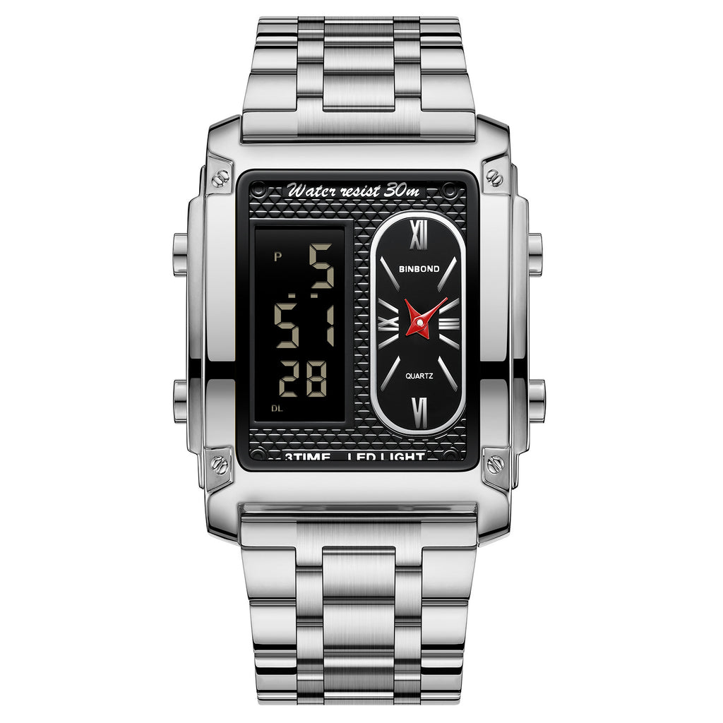 Men's Creative Steel Belt Electronic Watch Double Inserts Multi-functional Waterproof Watch