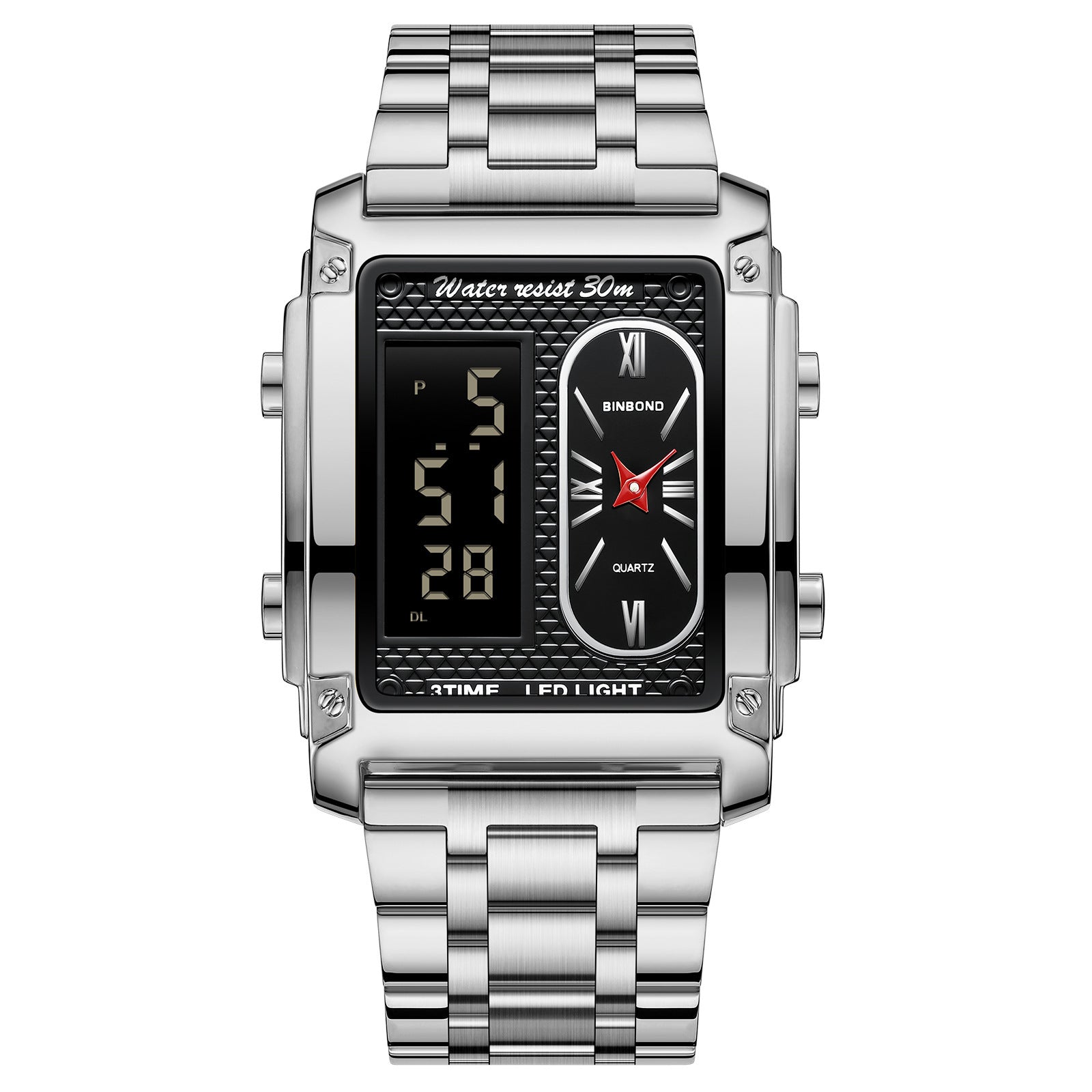 Binbond Men's Steel Belt Electronic Watch Double Inserts Multi-Functional Waterproof Quartz Movement Watch - Acquisti Online