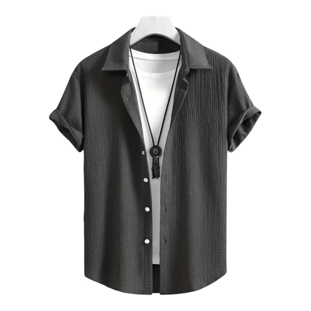 Men's Fashionable Casual Shirt Solid Color Polyester Fiber Leisure Wrinkle Fashion Men's Short Sleeve Shirt