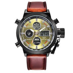 Herenhorloge met leren riem en LED-elektronische sporthorloge