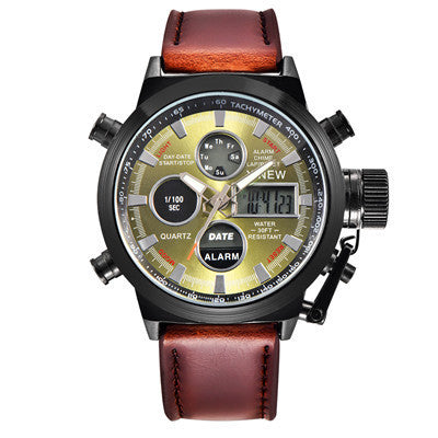 Herenhorloge met leren riem en LED-elektronische sporthorloge