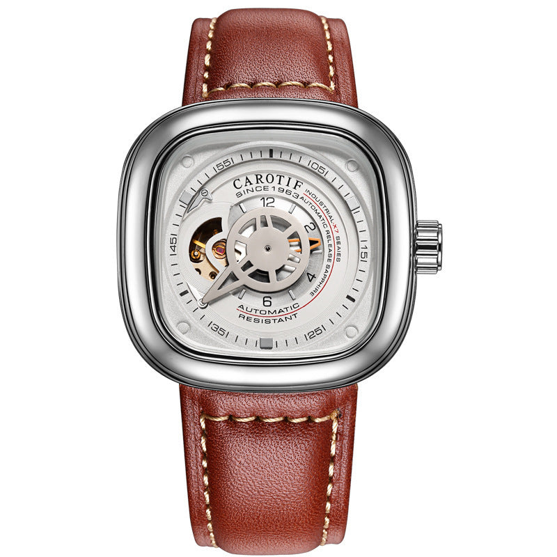 Carotif Men's Watch Automatic Mechanical Hollow Square Dial Watch Genuine Leather Band Stainless Steel Men Automatical Watch
