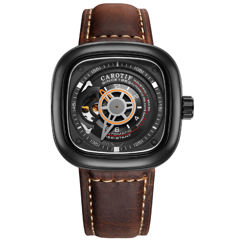 Orologio meccanico automatico da uomo alla moda con quadrante quadrato cavo