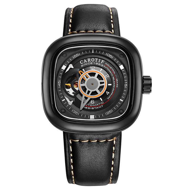 Orologio meccanico automatico da uomo alla moda con quadrante quadrato cavo