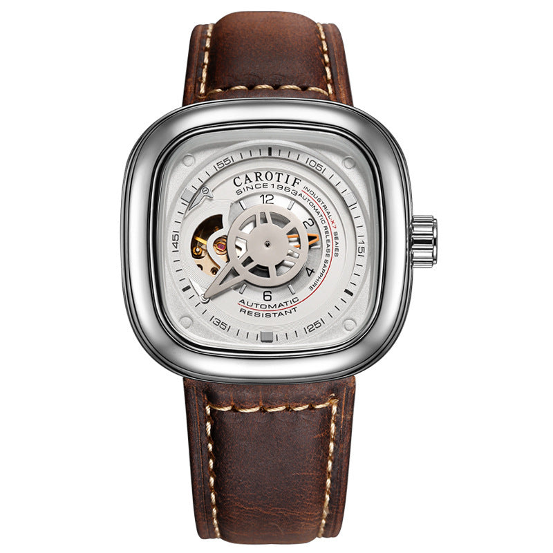Orologio meccanico automatico da uomo alla moda con quadrante quadrato cavo