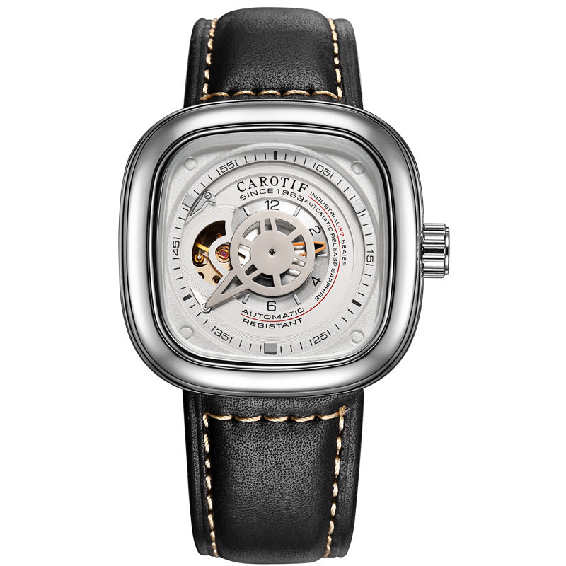 Orologio meccanico automatico da uomo alla moda con quadrante quadrato cavo