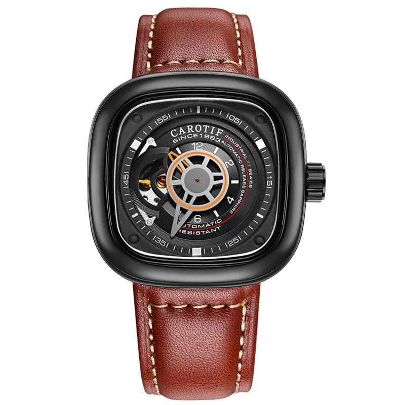 Orologio meccanico automatico da uomo alla moda con quadrante quadrato cavo