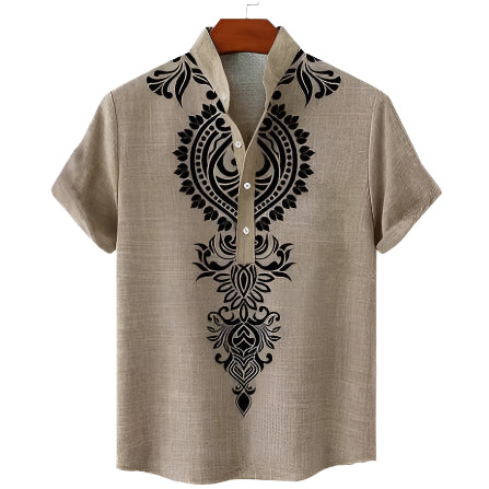 Men's Fashionable Casual Solid Color Linen Fiber Cardigan Shirt Digital 3D Printed Men's Casual Short Sleeve Shirt
