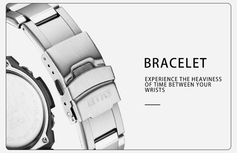 SMAEL Orologio elettronico al quarzo con cinturino in acciaio inossidabile, sveglia, orologio sportivo alla moda, orologio con doppio fuso orario