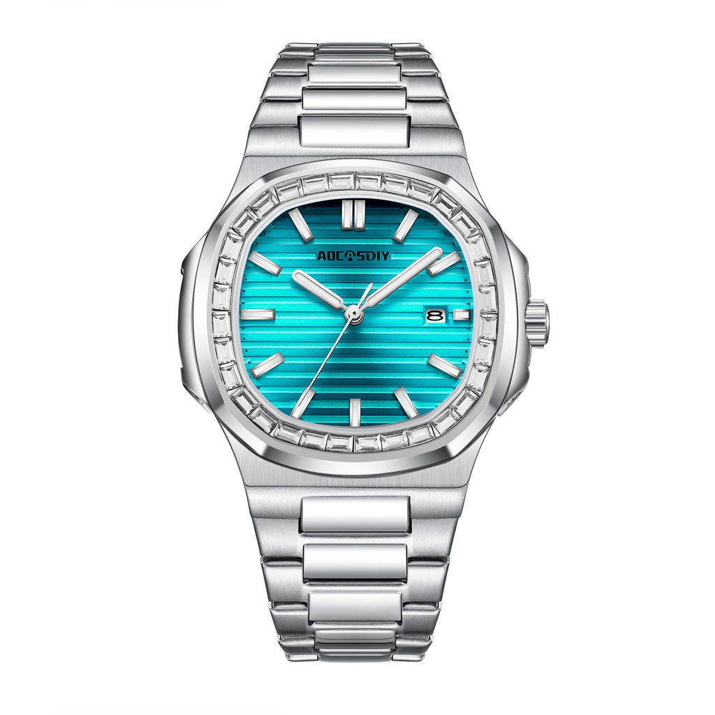 AOCASDIY Top Luxury Brand Fashion New Men's Waterproof Watch with Super Luminous Square Diamond Quartz Watch Full Steel Belt Watch