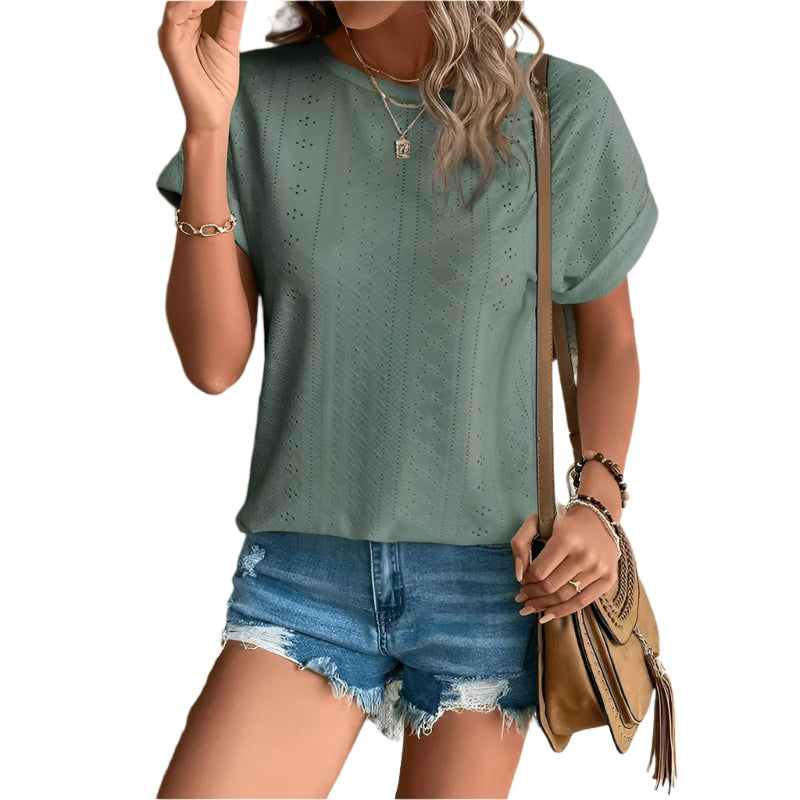 Damestops met borduurwerk, casual ronde hals en korte mouwen, trendy T-shirts