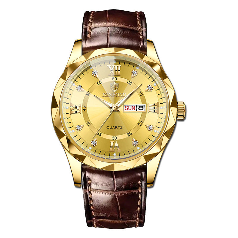 BINBOND Top Brand Luxury Fashion Men's Quartz Watch Waterproof Week Date Watch Men's Sports Watch Stainless Steel Quartz Wristwatch Genuine Leather Men's Waterproof Leisure watch
