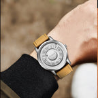 FOXBOX-Men's Magnetic Quartz Wristwatch Creative Scroll Pointer Genuine Leather Watch