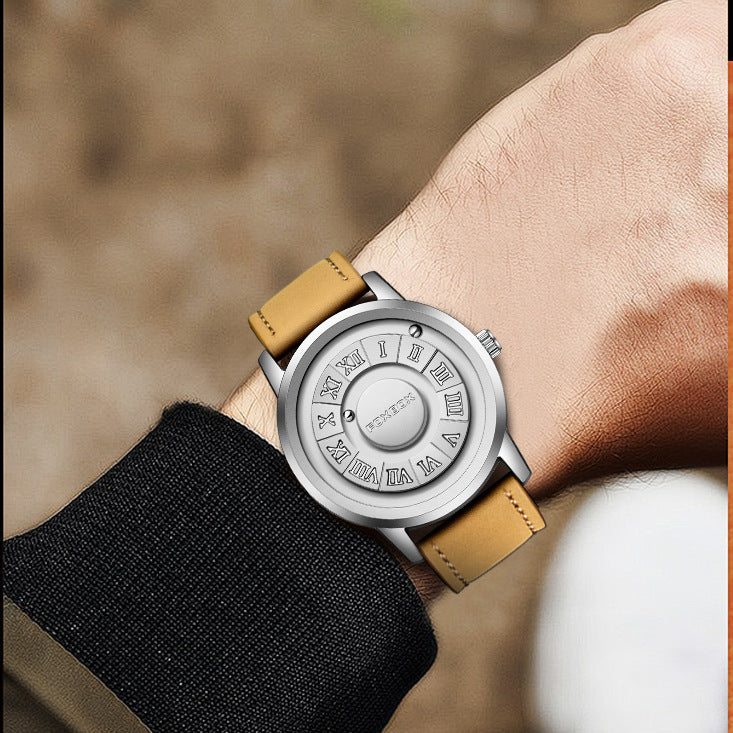 FOXBOX-Men's Magnetic Quartz Wristwatch Creative Scroll Pointer Genuine Leather Watch