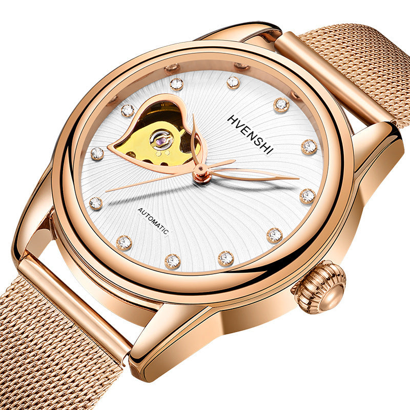 HVENSHI Uniek mode dames mechanisch horloge waterdicht stalen band tourbillion horloge charme vrijetijdshorloge