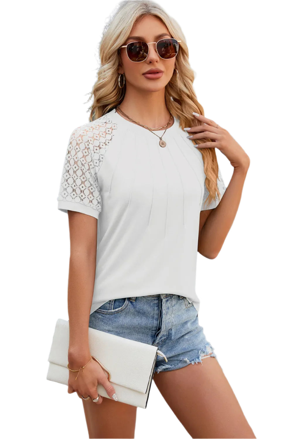 T-shirttop met ronde hals, kantpatchwork en korte mouwen voor dames