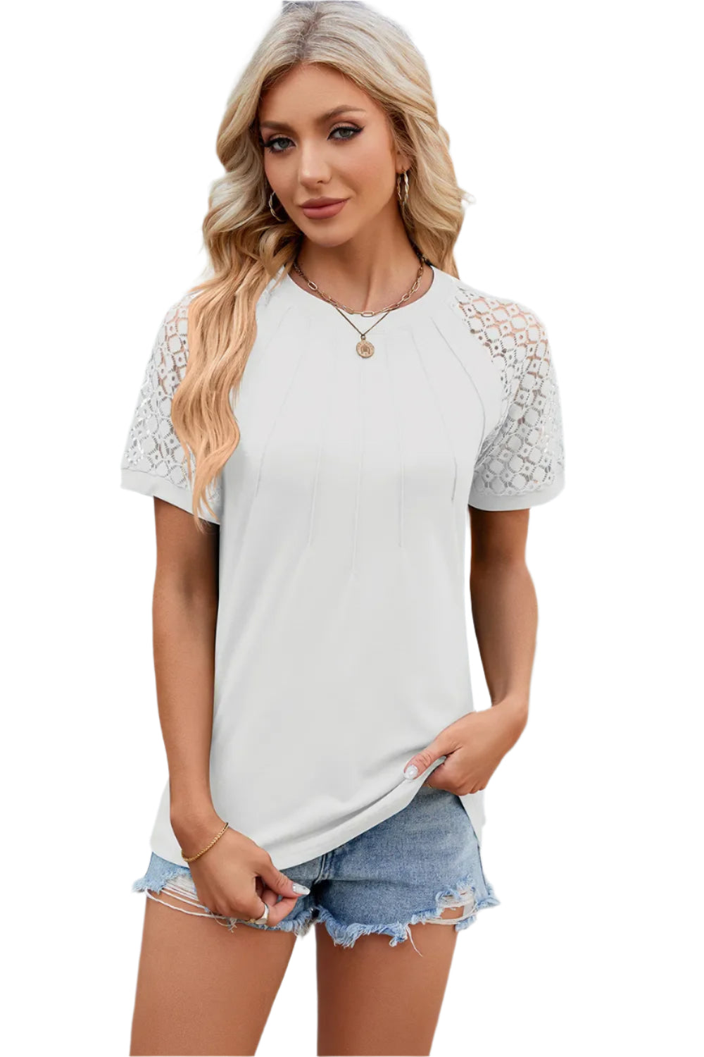 T-shirttop met ronde hals, kantpatchwork en korte mouwen voor dames