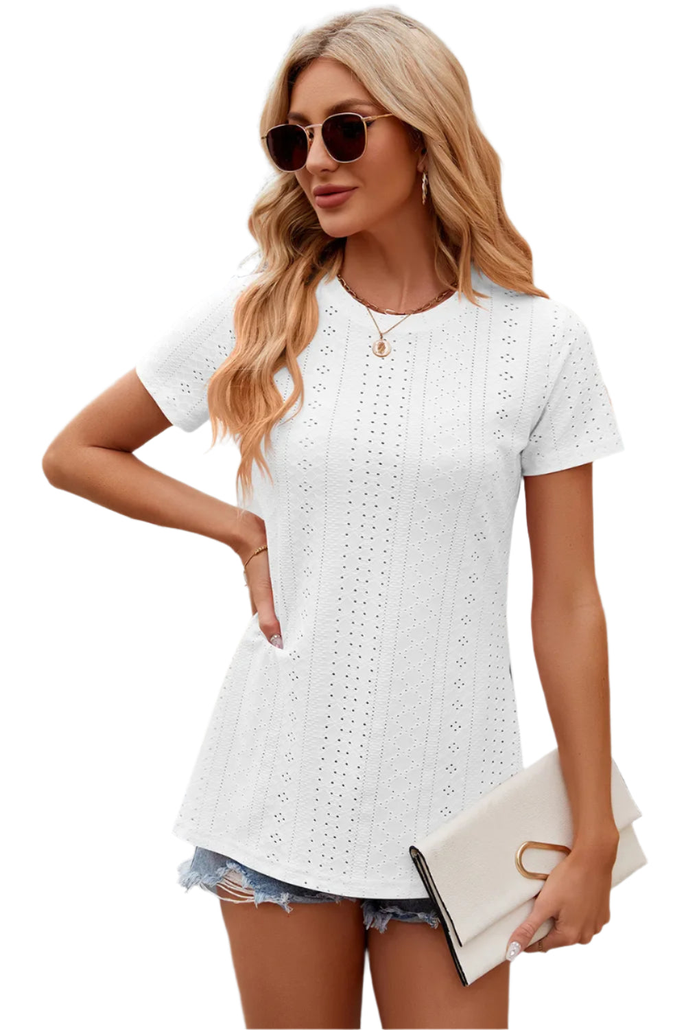 Effen ronde hals, losse T-shirt met korte mouwen en split voor dames