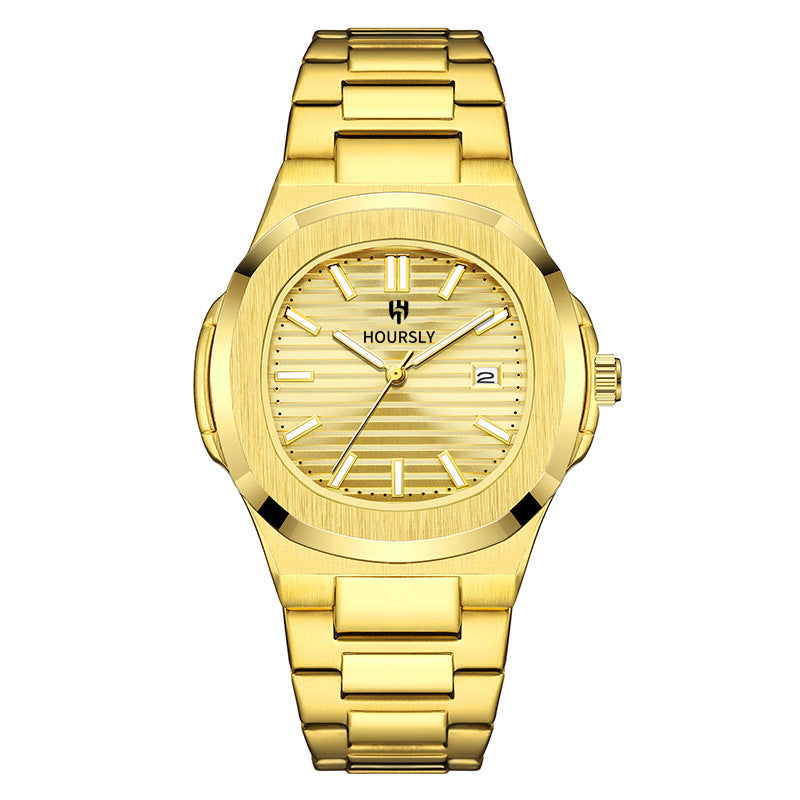 HOURSLY HY1371 Orologio da uomo al quarzo cinese alla moda, esclusivo, con cinturino in acciaio, resistente all'acqua, calendario luminoso, orologio casual da uomo