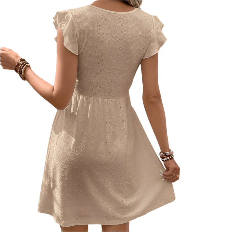 Women's V Neck Lace Mini Dresses Casual Summer Ruffle Sleeve Crochet Sundresses Fashionable Women Short Dress