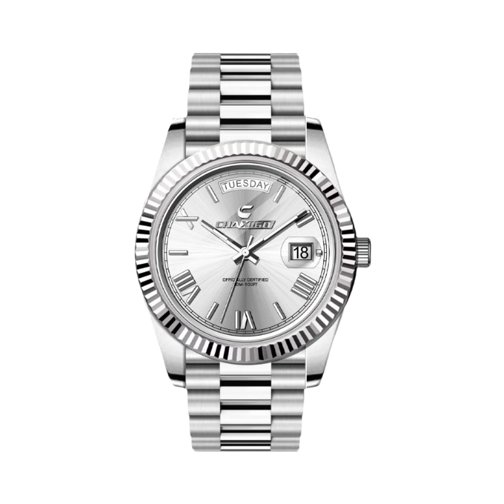 CHAXIGO Herenhorloge Staal Drie Wijzers Grote Wijzerplaat met Datum Lichtgevend Waterdicht Quartz Horloge