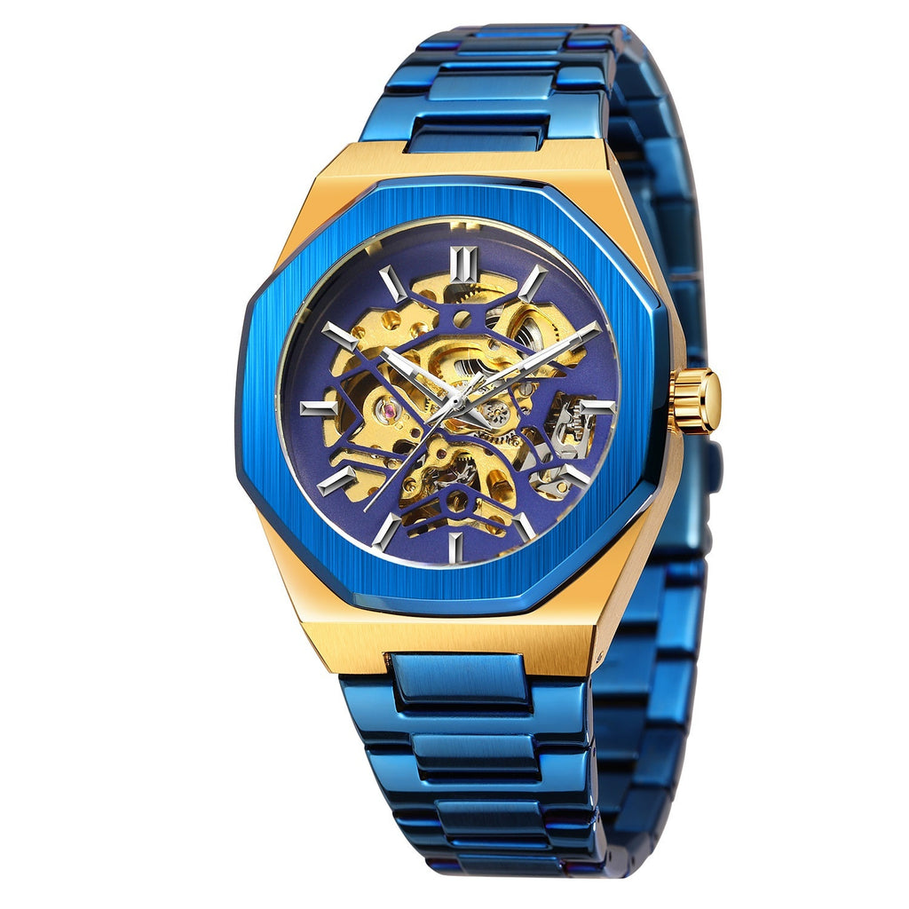 Orologio da polso meccanico automatico da uomo a forma di ingranaggio con quadrante scheletrato, orologio meccanico automatico di lusso da uomo con quadrante analogico scheletrato, ultimo stile alla moda con orologio in acciaio inossidabile