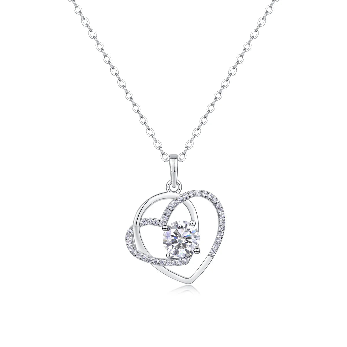 Luxe damesketting van 925 sterling zilver met in elkaar grijpende hartjes van moissanite en diamanten. Modieuze hanger voor dames.