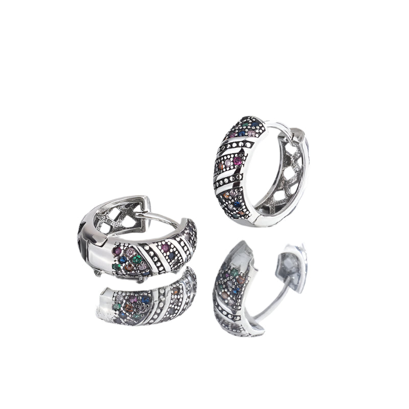 Delicate Retro Thai Silver Chaoren Ring Earrings With Micro Inlaid Colorful Zircon Earrings