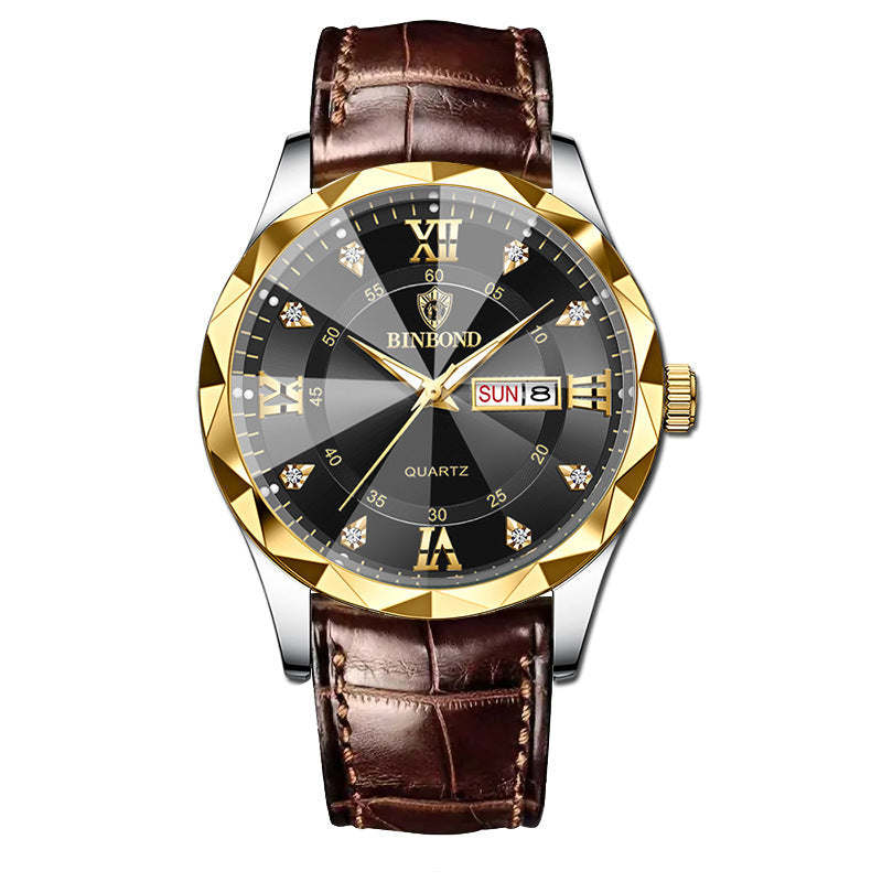 BINBOND Top Brand Luxury Fashion Men's Quartz Watch Waterproof Week Date Watch Men's Sports Watch Stainless Steel Quartz Wristwatch Genuine Leather Men's Waterproof Leisure watch