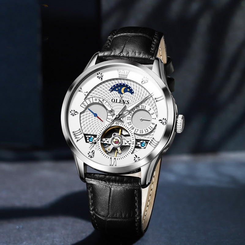 OLEVS Men's Watch Luxury Mechanical Wristwatch Men Leather Strap Waterproof Luminous Double Calendar Hollow Flywheel Automatic Mechanical Watch