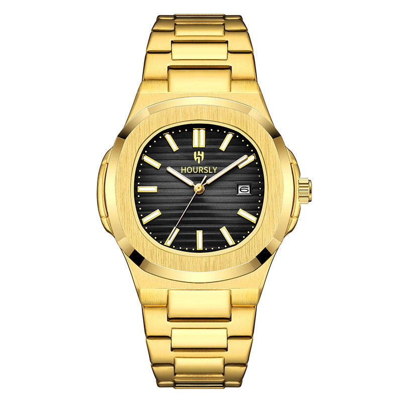 HOURSLY HY1371 Orologio da uomo al quarzo cinese alla moda, esclusivo, con cinturino in acciaio, resistente all'acqua, calendario luminoso, orologio casual da uomo