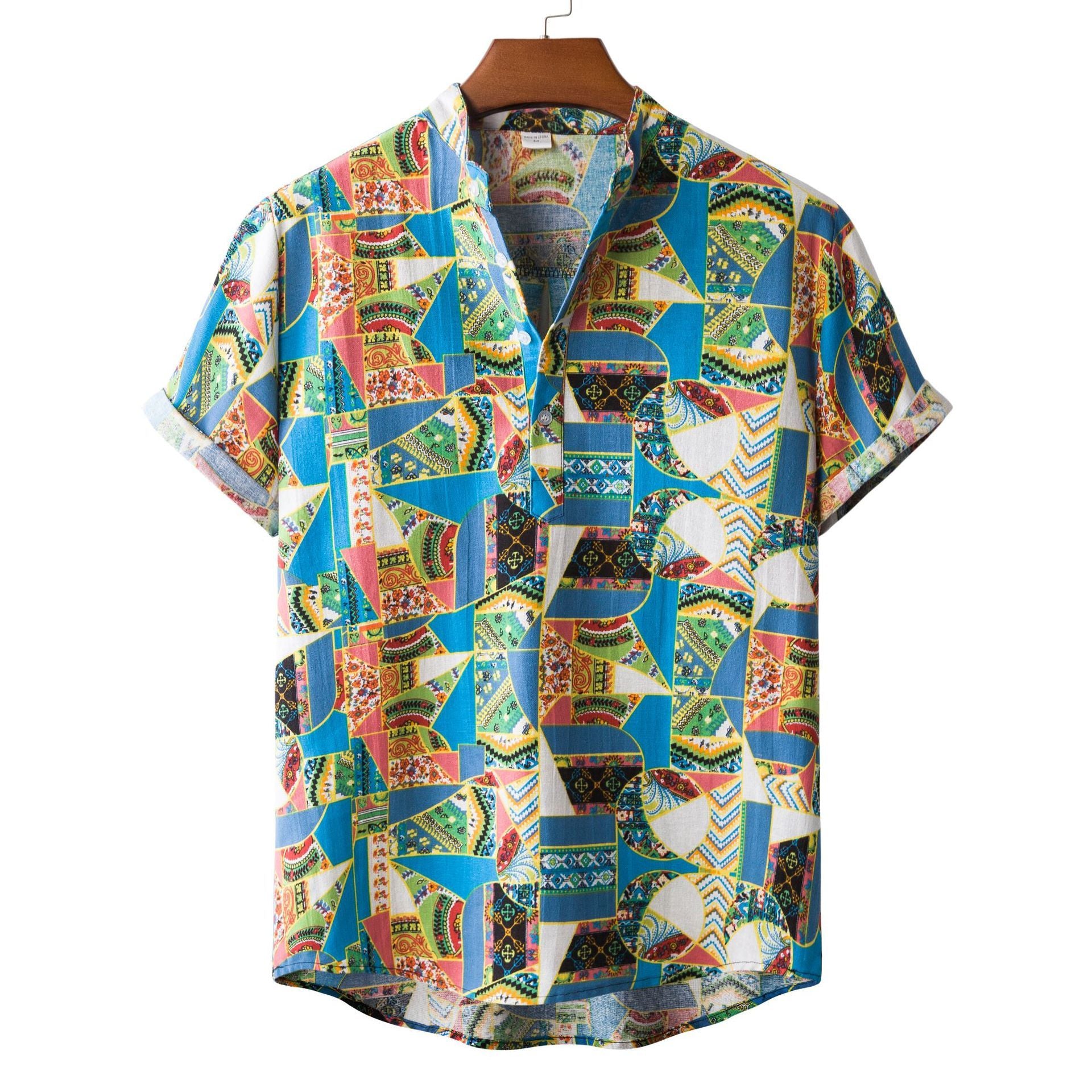 Men's Fashionable Casual Shirt Printed Loose Hawaiian Shirt Stand Collar Cotton Linen Ethnic Printed Men's Shirts